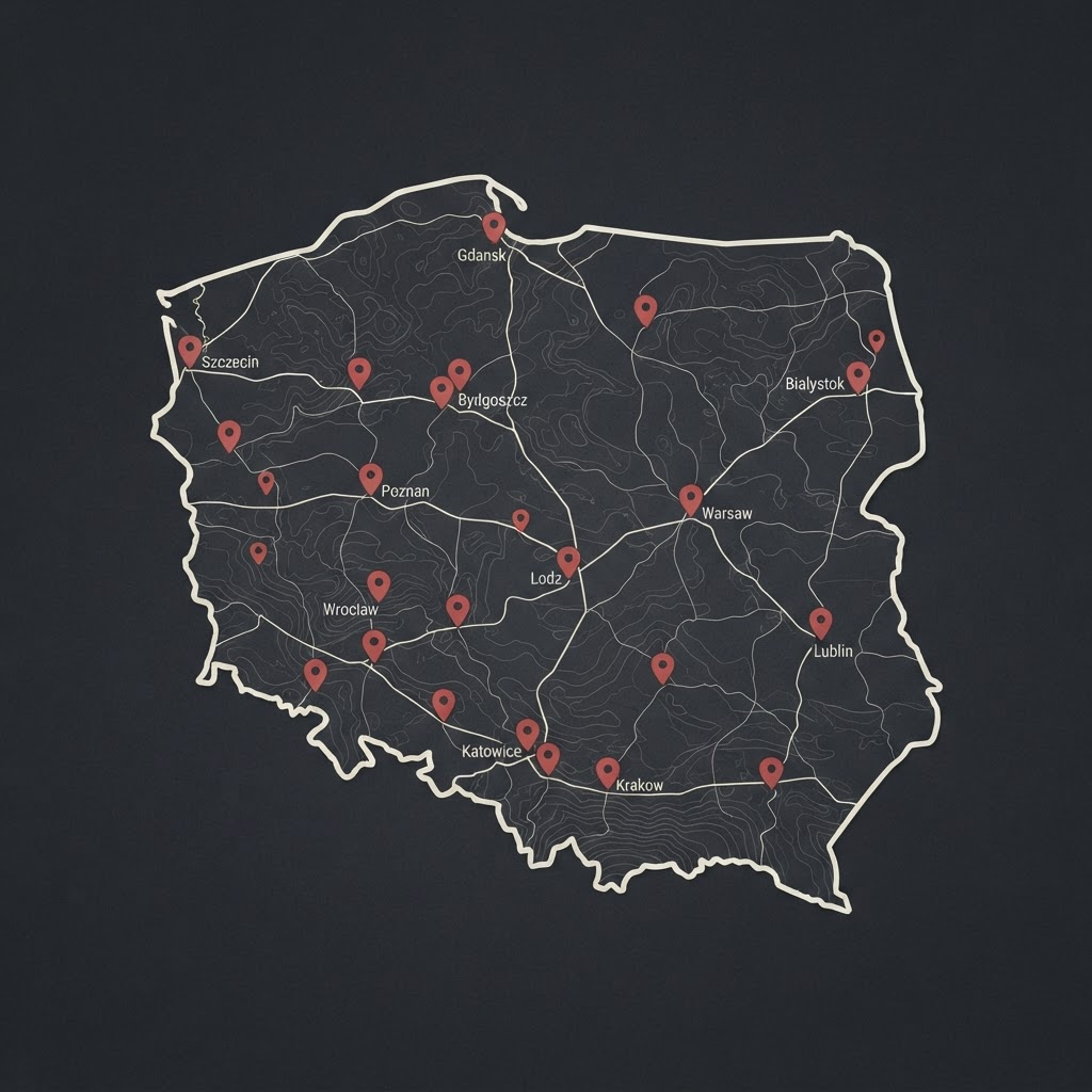 Mapa zasięgu prac na terenie Polski